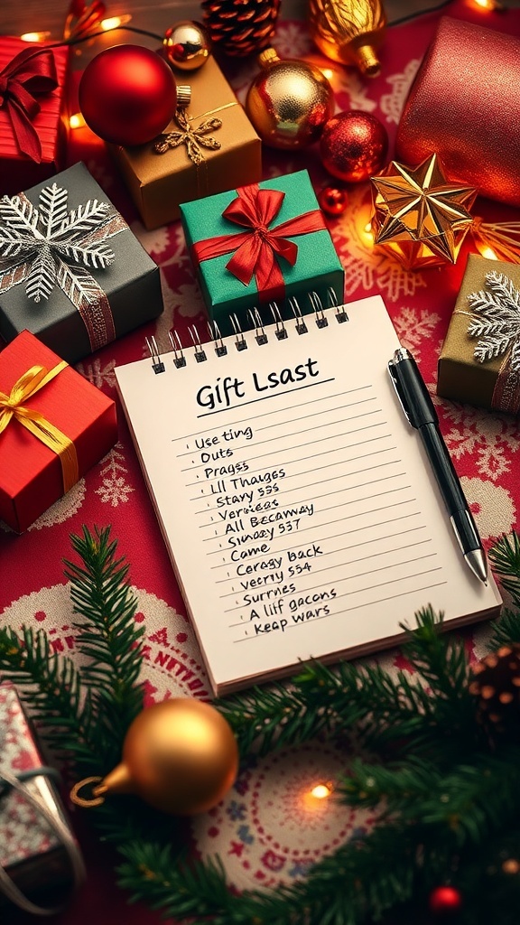 Creative Christmas Gift List Inspiration A Christmas gift list on a notepad with colorful gift boxes and holiday decorations in the background.